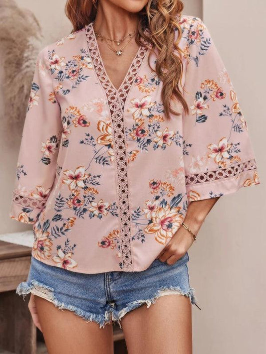 Women's V-neck printed patchwork lace flared sleeve top - 808Lush