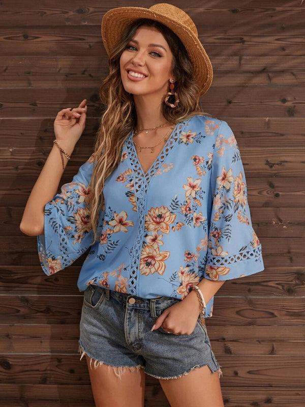 Women's V-neck printed patchwork lace flared sleeve top - 808Lush