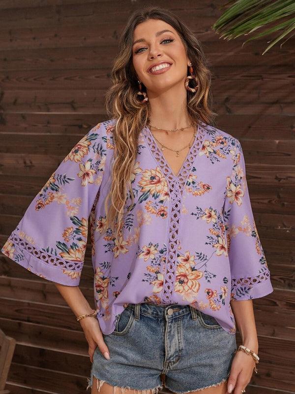 Women's V-neck printed patchwork lace flared sleeve top - 808Lush