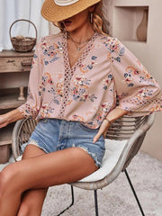 Women's V-neck printed patchwork lace flared sleeve top - 808Lush