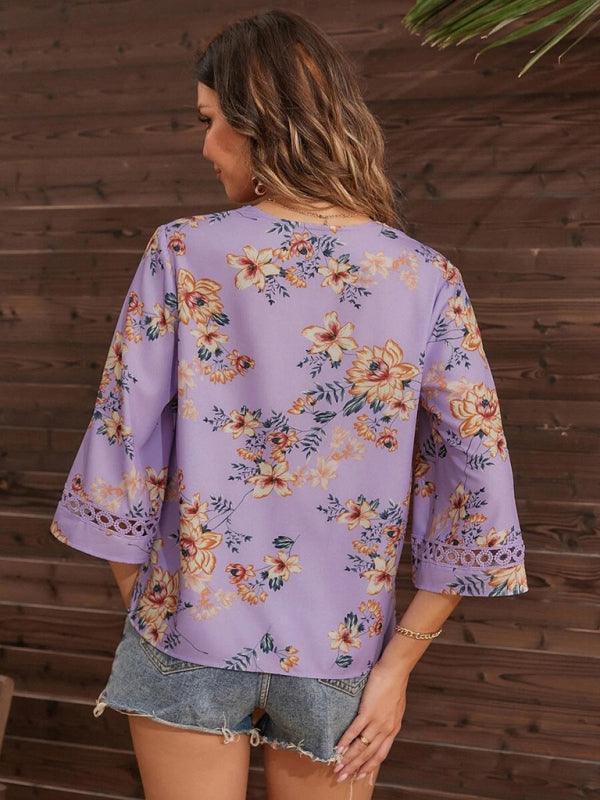 Women's V-neck printed patchwork lace flared sleeve top - 808Lush