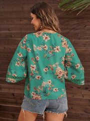 Women's V-neck printed patchwork lace flared sleeve top - 808Lush