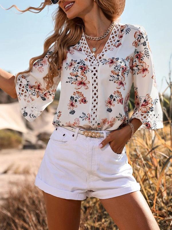 Women's V-neck printed patchwork lace flared sleeve top - 808Lush