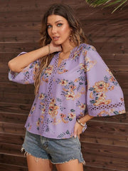 Women's V-neck printed patchwork lace flared sleeve top - 808Lush