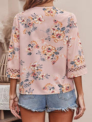 Women's V-neck printed patchwork lace flared sleeve top - 808Lush