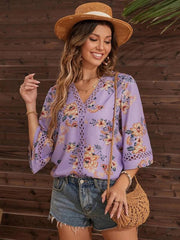 Women's V-neck printed patchwork lace flared sleeve top - 808Lush