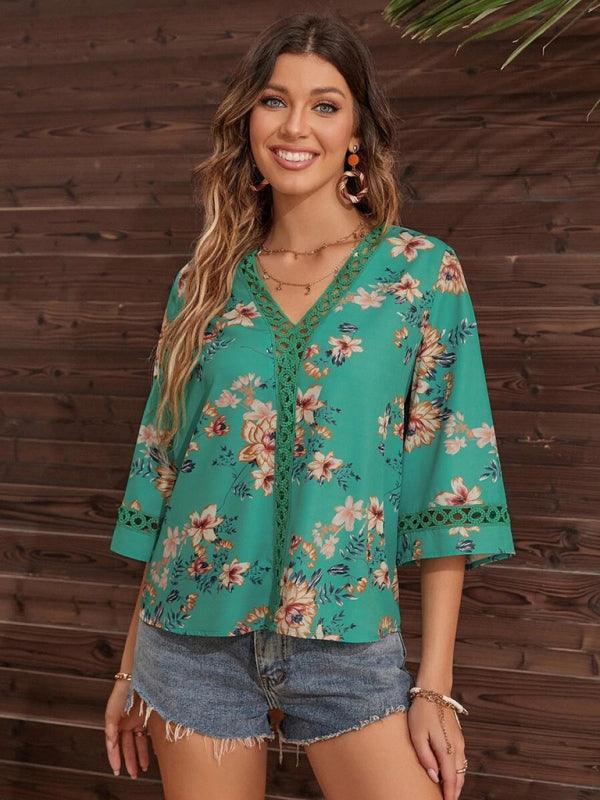 Women's V-neck printed patchwork lace flared sleeve top - 808Lush