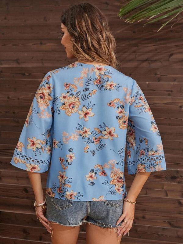 Women's V-neck printed patchwork lace flared sleeve top - 808Lush