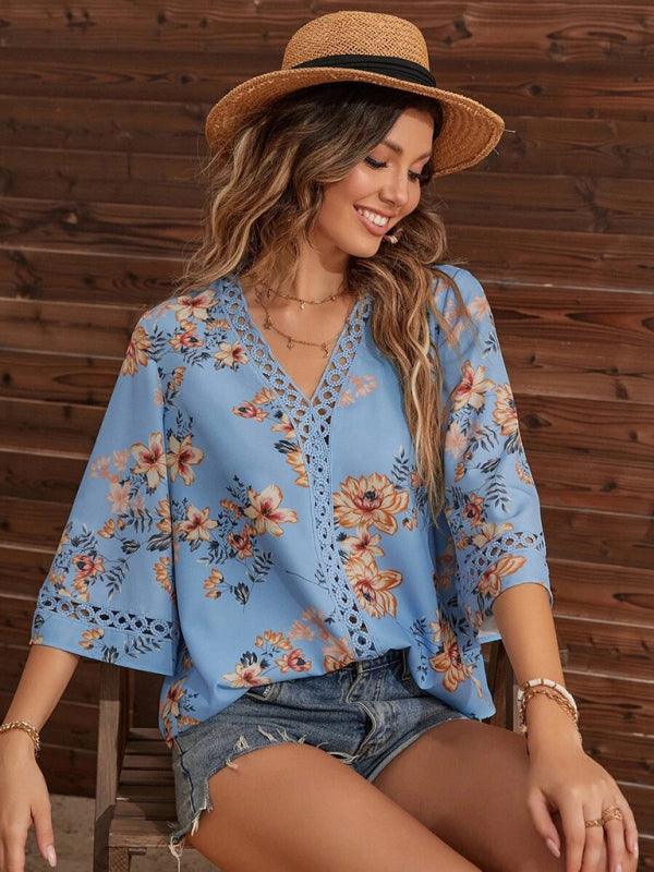 Women's V-neck printed patchwork lace flared sleeve top - 808Lush