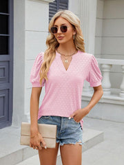 Women's V-neck puff sleeve pleated short-sleeved loose T-shirt - 808Lush