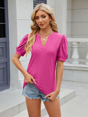 Women's V-neck puff sleeve pleated short-sleeved loose T-shirt - 808Lush