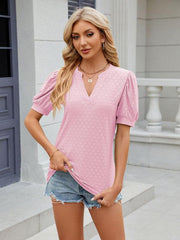 Women's V-neck puff sleeve pleated short-sleeved loose T-shirt - 808Lush