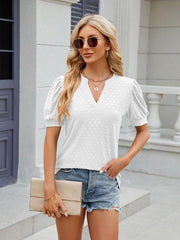 Women's V-neck puff sleeve pleated short-sleeved loose T-shirt - 808Lush