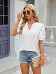 Women's V-neck puff sleeve pleated short-sleeved loose T-shirt - 808Lush