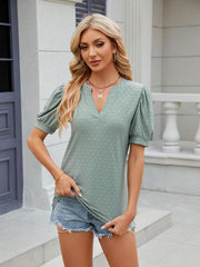 Women's V-neck puff sleeve pleated short-sleeved loose T-shirt - 808Lush