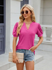 Women's V-neck puff sleeve pleated short-sleeved loose T-shirt - 808Lush