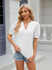 Women's V-neck puff sleeve pleated short-sleeved loose T-shirt - 808Lush