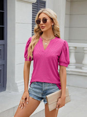 Women's V-neck puff sleeve pleated short-sleeved loose T-shirt - 808Lush