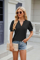 Women's V-neck puff sleeve pleated short-sleeved loose T-shirt - 808Lush