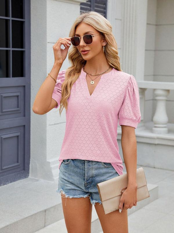 Women's V-neck puff sleeve pleated short-sleeved loose T-shirt - 808Lush