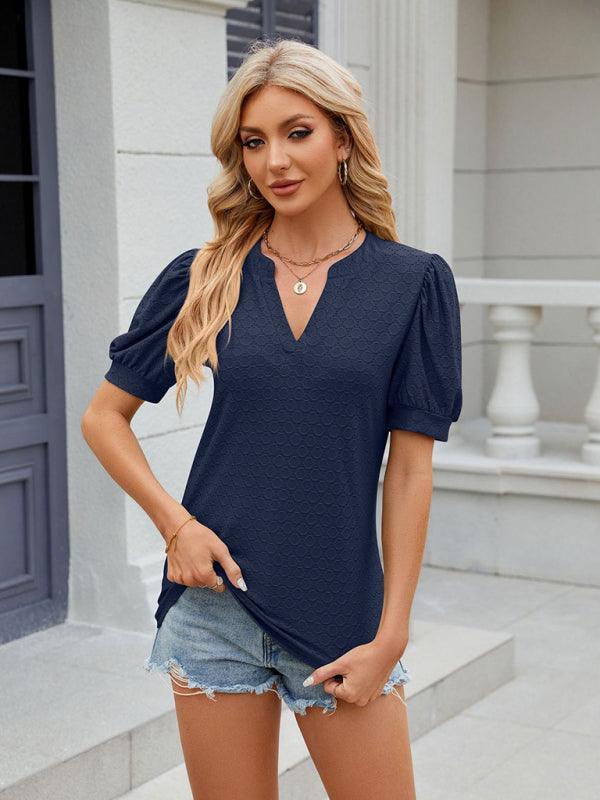 Women's V-neck puff sleeve pleated short-sleeved loose T-shirt - 808Lush