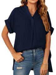 Women's V-neck short-sleeved striped thin loose check shirt - 808Lush