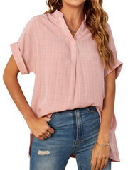 Women's V-neck short-sleeved striped thin loose check shirt - 808Lush