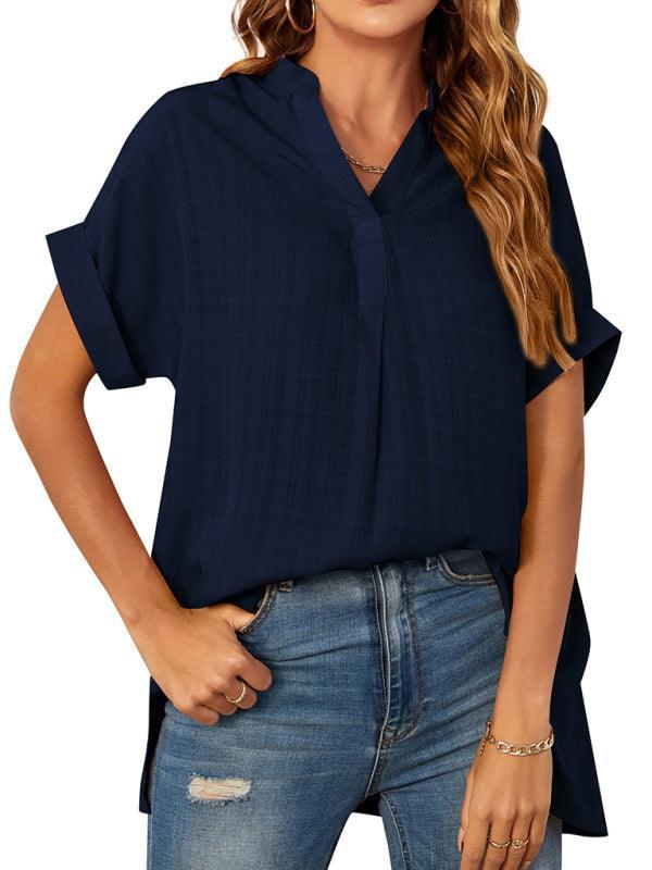 Women's V-neck short-sleeved striped thin loose check shirt - 808Lush