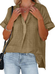 Women's V-neck short-sleeved striped thin loose check shirt - 808Lush