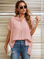 Women's V-neck short-sleeved striped thin loose check shirt - 808Lush