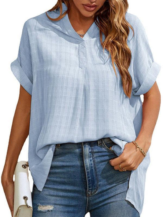 Women's V-neck short-sleeved striped thin loose check shirt - 808Lush