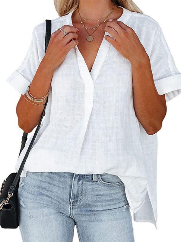 Women's V-neck short-sleeved striped thin loose check shirt - 808Lush