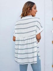 Women's V-neck short-sleeved striped thin loose check shirt - 808Lush