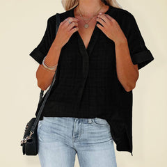 Women's V-neck short-sleeved striped thin loose check shirt - 808Lush