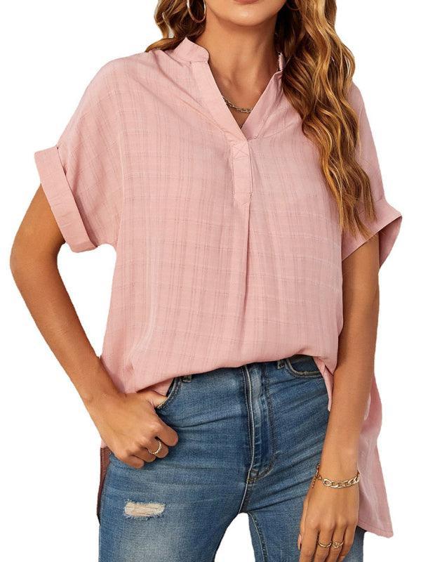 Women's V-neck short-sleeved striped thin loose check shirt - 808Lush