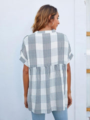 Women's V-neck short-sleeved striped thin loose check shirt - 808Lush