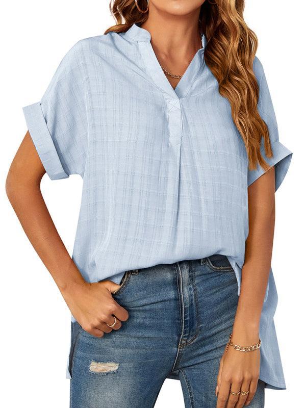 Women's V-neck short-sleeved striped thin loose check shirt - 808Lush