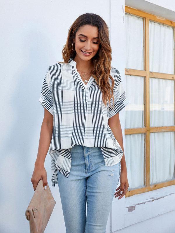 Women's V-neck short-sleeved striped thin loose check shirt - 808Lush