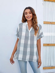 Women's V-neck short-sleeved striped thin loose check shirt - 808Lush