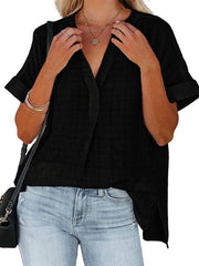 Women's V-neck short-sleeved striped thin loose check shirt - 808Lush