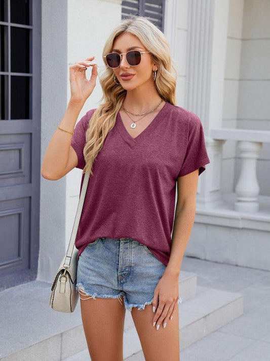 Women's V-neck solid color casual short-sleeved T-shirt top - 808Lush