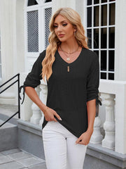 Women's V-neck three-quarter sleeve button drawstring loose T-shirt top - 808Lush