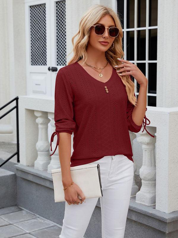 Women's V-neck three-quarter sleeve button drawstring loose T-shirt top - 808Lush