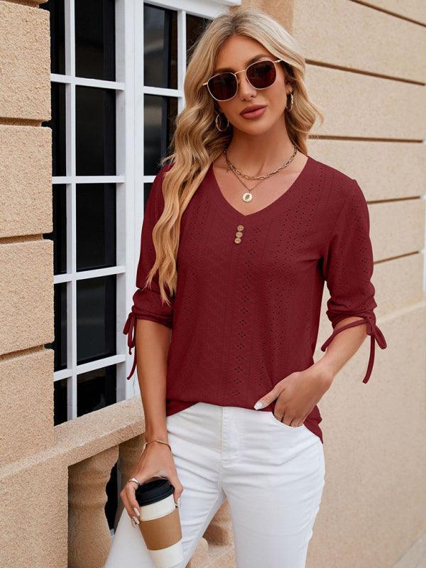 Women's V-neck three-quarter sleeve button drawstring loose T-shirt top - 808Lush