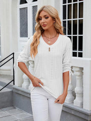 Women's V-neck three-quarter sleeve button drawstring loose T-shirt top - 808Lush