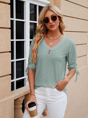 Women's V-neck three-quarter sleeve button drawstring loose T-shirt top - 808Lush