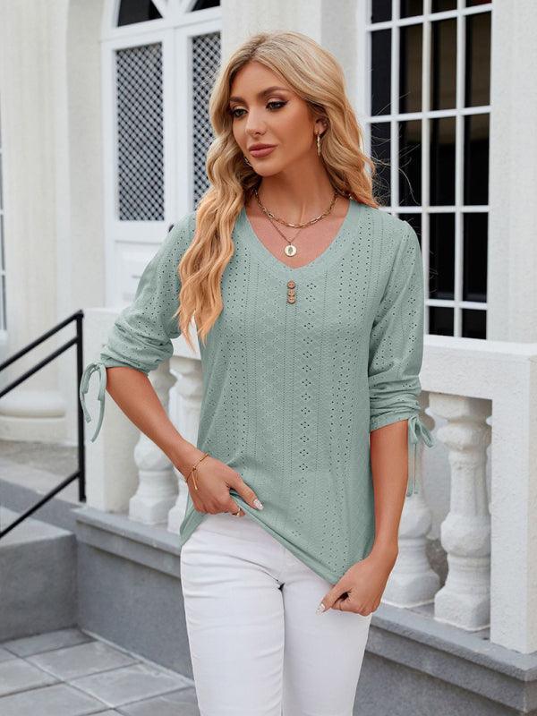 Women's V-neck three-quarter sleeve button drawstring loose T-shirt top - 808Lush