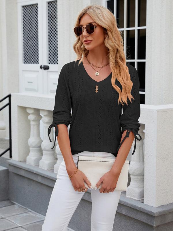 Women's V-neck three-quarter sleeve button drawstring loose T-shirt top - 808Lush