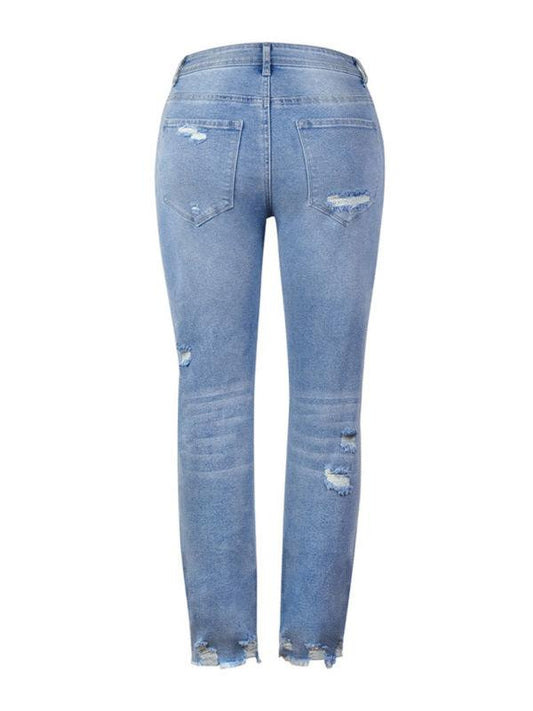 Women's Washed Frayed Tassel Slim High Elastic Skinny Jeans - 808Lush