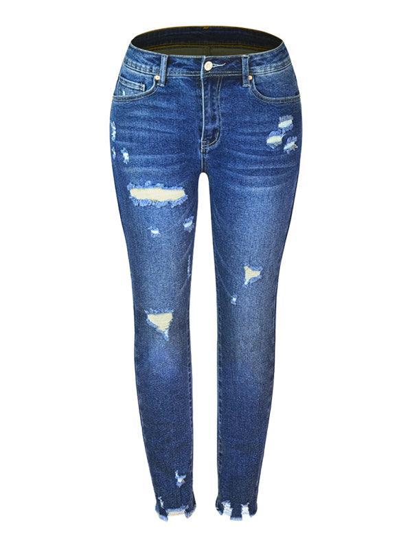 Women's Washed Frayed Tassel Slim High Elastic Skinny Jeans - 808Lush